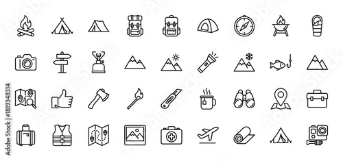 Outdoor adventure line icon set. Vector pictograms of tents, backpacks, campfires, compass, cameras, mountains, maps, and travel gear, thin linear illustration.
