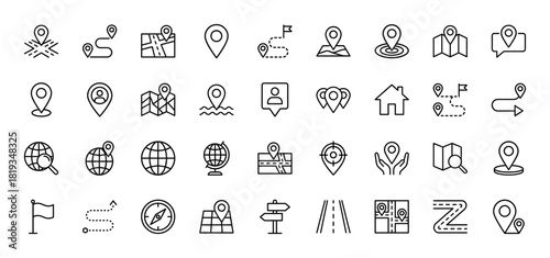 Maps and navigation line icon set. Vector pictograms of location markers, routes, globes, compass, signposts, flags, and street maps, thin linear illustration.