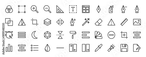 Graphic design and editing line icon set. Vector pictograms of selection, window, zoom, text, ruler, color, pen, spray, crop, eraser, layers, and magic wand tools, thin linear illustration.