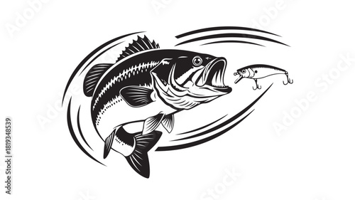Exciting black and white bass jumping for a lure, perfect for fishing enthusiasts and outdoor adventure promotions, offering a dynamic and eye catching design for any project