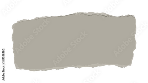 Torn grey paper fragment with rough edges on white background ripped piece