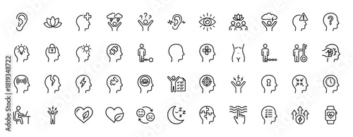 Psychology and mental health line icon set. Vector pictograms of brain, thought, emotion, stress, idea, meditation, problem, sleep, and focus, thin linear illustration.