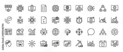 Technology and business line icon set. Vector pictograms of servers, microchips, data graphs, monitors, brains, clouds, and financial growth, thin linear illustration.