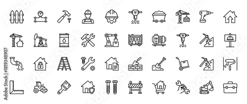 Construction and engineering line icon set. Vector pictograms of worker, hard hat, jackhammer, hammer, crane, house, drill, generator, excavator, and barrier, thin linear illustration.