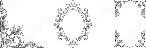 Set of vintage black and white decorative frames and ornaments, elegant baroque floral borders, classic ornate vector design