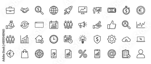 Business and finance line icon set. Vector pictograms of currency, charts, presentation, globe, handshake, briefcase, money, calendar, lightbulb, and bank, thin line illustration.