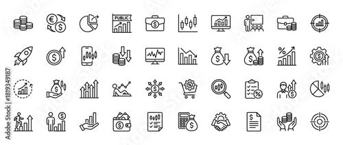 Finance and business line icon set. Vector pictograms of charts, currency exchange, briefcases, money bags, coin stacks, growth graphs, and targets, thin linear illustration.