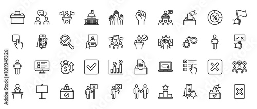 Politics and elections line icon set. Vector pictograms of capitol building, ballot box, voting, protest, online election, and speaker, thin linear illustration.