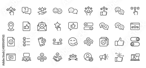 Customer feedback and satisfaction line icon set. Vector pictograms of star ratings, user profiles, engagement, and communication, thin linear illustration.