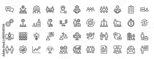Business management line icon set. Vector pictograms of people, teamwork, strategy, growth, and development concepts, thin linear illustration.