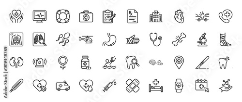 Medical line icon set. Vector pictograms of hospital, ambulance, stethoscope, broken bone, syringe, heart, prescription, and first aid, thin linear illustration.