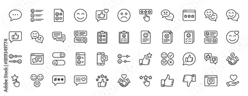 Customer feedback line icon set. Vector pictograms of thumbs, stars, smileys, chat bubbles, documents, and checklists, thin linear illustration.