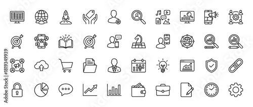 Business and marketing line icon set. Vector pictograms of user, target, chart, smartphone, rocket, shield, wallet, calendar, dollar, briefcase, and lock, thin linear illustration.