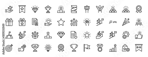 Success and achievement line icon set. Vector pictograms of trophies, stars, podiums, medals, certificates, and gold bars, thin linear illustration.