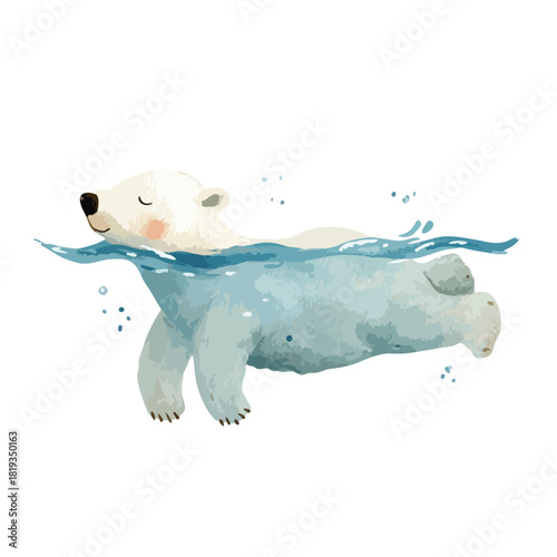 Cute Polar Bear Swimming Peacefully in Water Watercolor Illustration.