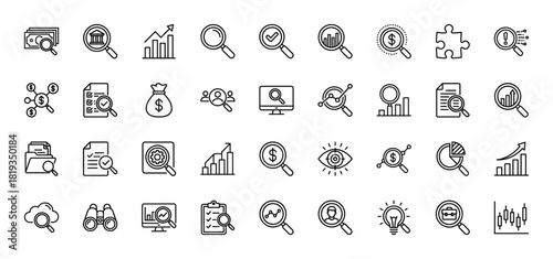 Business analysis line icon set. Vector pictograms of magnifying glass, charts, money, documents, folders, cloud, users, puzzle, insights, binoculars, and clock, thin linear illustration.