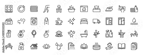 Home services and lifestyle line icon set. Vector pictograms of towels, laundry, cleaning, personal care, wellness, and domestic activities, thin linear illustration.