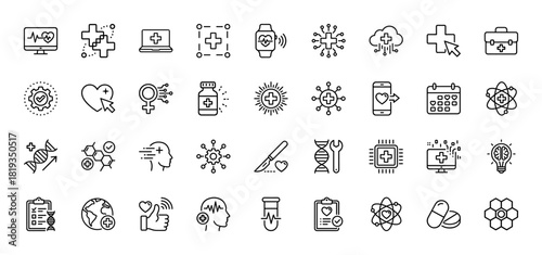 Digital healthcare line icon set. Vector pictograms of smart medical devices, DNA research, pharmaceuticals, telemedicine, and health innovations, thin linear illustration.