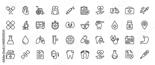 Medical healthcare line icon set. Vector pictograms of heart, syringe, ambulance, stethoscope, microscope, pills, brain, lungs, and thermometer, linear illustration.