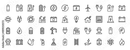 Energy and sustainability line icon set. Vector pictograms of batteries, power plant, wind turbine, electric plug, solar panel, and robot head, thin linear illustration.