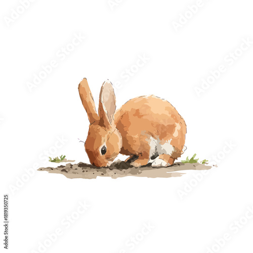 Cute Rabbit Foraging Watercolor Illustration on White Background.
