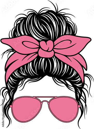   Trendy Woman Hair Bun with Pink Bow and Sunglasses, woman face with messy hair in a bun and long eyelashes