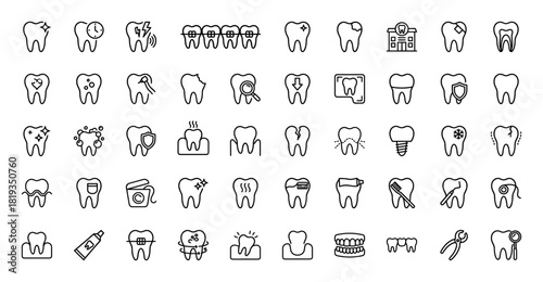 Dentistry line icon set. Vector pictograms of dental clinic, healthy tooth, tooth decay, sensitivity, filling, extraction, implant, braces, and oral hygiene tools, thin linear illustration.