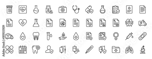 Medical line icon set. Vector pictograms of first aid kits, pills, stethoscopes, hearts, prescriptions, ambulances, blood, bandages, and syringes, thin linear illustration.