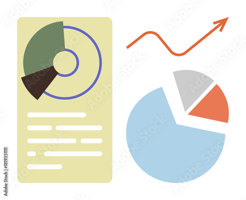 Circular chart, pie chart, and line graph with upward arrow signify data analysis, business growth, and statistics. Ideal for strategy, marketing, finance, progress performance research