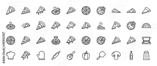 Pizza restaurant line icon set. Vector pictograms of whole pizzas, slices with melted cheese, chef hat, rolling pin, pizza cutter, oven mitt, and ingredients, thin linear illustration.