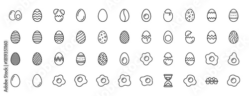 Food and cooking line icon set. Vector pictograms of whole, cracked, boiled, fried, and decorative eggs, egg carton, and kitchen whisk, thin linear illustration.