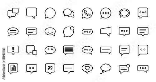 Communication line icon set. Vector pictograms of speech bubbles, chat boxes, message notifications, and call symbols, thin linear illustration.