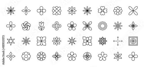 Floral line icon set. Vector pictograms of diverse flower shapes, botanical elements, petals, blossoms, and decorative geometric patterns, thin linear illustration.