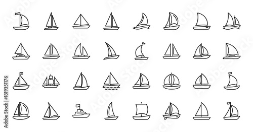Nautical line icon set. Vector pictograms of various sailboats, ships, yachts, and watercraft, thin linear illustration.