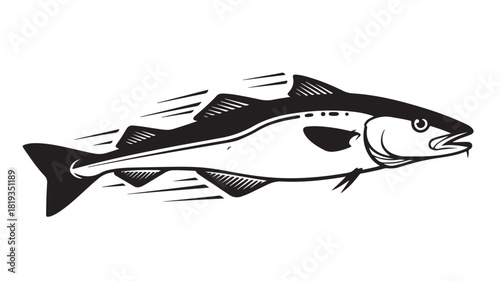 Dynamic black and white illustration of a fast moving codfish, perfect for seafood branding, restaurant logos, or nautical designs, conveys speed and freshness