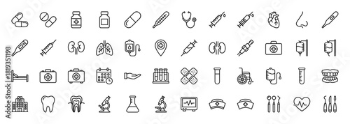 Medical line icon set. Vector pictograms of medication, diagnostic tools, anatomical organs, and hospital equipment, thin linear illustration.