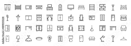 Home furniture and decor line icon set. Vector pictograms of grandfather clock, bed, wardrobe, mirror, desk, dresser, sink, bookshelf, lamps, and sofa, thin linear illustration.