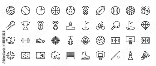 Sports and fitness line icon set. Vector pictograms of various balls, medals, athletic gear, courts, and competitive game elements, thin linear illustration.