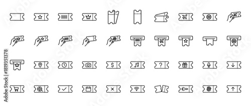 Tickets line icon set. Vector pictograms of various event, travel, sports, premium, barcode, and digital access passes, thin linear illustration.