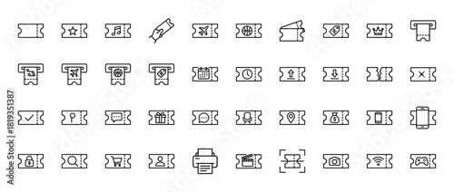 Event and booking line icon set. Vector pictograms of tickets, coupons, travel, music, sports, discount, seat, mobile, film, and game, thin linear illustration.