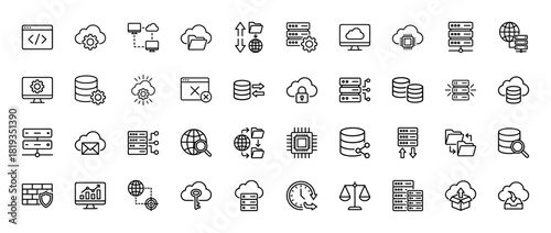 Cloud computing and data line icon set. Vector pictograms of servers, cloud storage, network, security, development, and management, thin linear illustration.