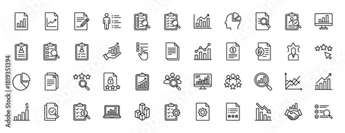 Business and finance line icon set. Vector pictograms of various charts, documents, user profiles, analysis tools, and reports, thin linear illustration.