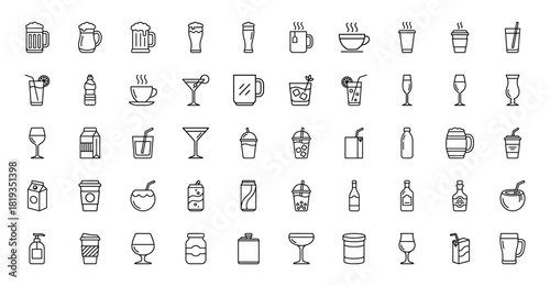 Beverage containers line icon set. Vector pictograms of various glasses, mugs, bottles, cans, and cartons, thin linear illustration.