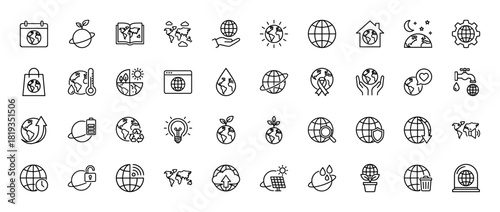 Environmental line icon set. Vector pictograms of earth in hands, world map, thermometer, recycling, energy, water, plant, solar panel, wind turbine, and global security, thin linear illustration.