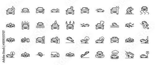 Automotive accident line icon set. Vector pictograms of damaged cars, collisions, crashes, breakdowns, and roadside assistance, thin linear illustration.