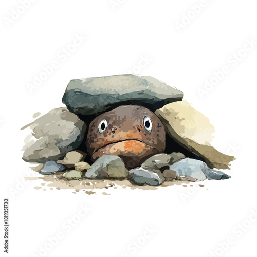 Cute Sad Frog Hiding Under Rocks Whimsical Creature Illustration.