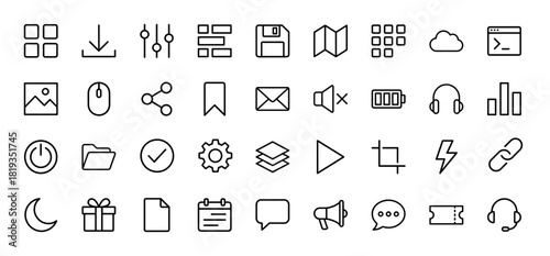 User interface vector line icon set with thin linear pictograms for essential elements like settings, map, cloud, mail, and gear.