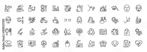 Beauty, spa, and ecology line icon set. Vector pictograms of perfume, facial mask, massage stones, recycling, solar panel, wind turbine, and blooming plant, thin linear illustration.