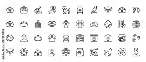Pet care line icon set. Vector pictograms of food bowls, carriers, paw prints, cat, dog, fish, collar, veterinarian, and pet shop items, thin linear illustration.