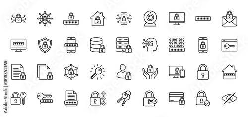 Cybersecurity line icon set. Vector pictograms of padlocks, keys, networks, devices, data files, and passwords, thin linear illustration.